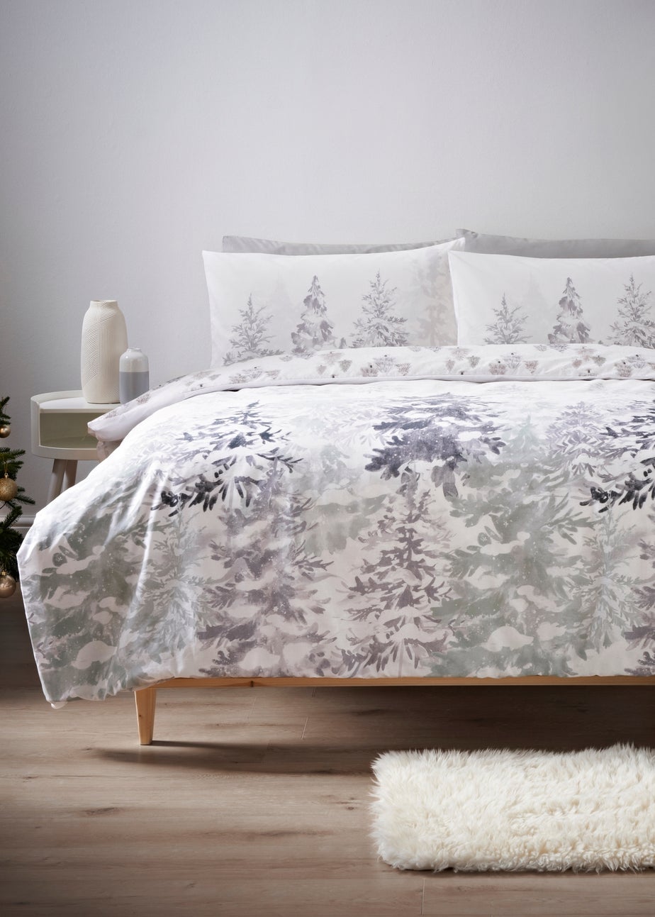 Wondrous Grey Frosted Tree Print Duvet Set