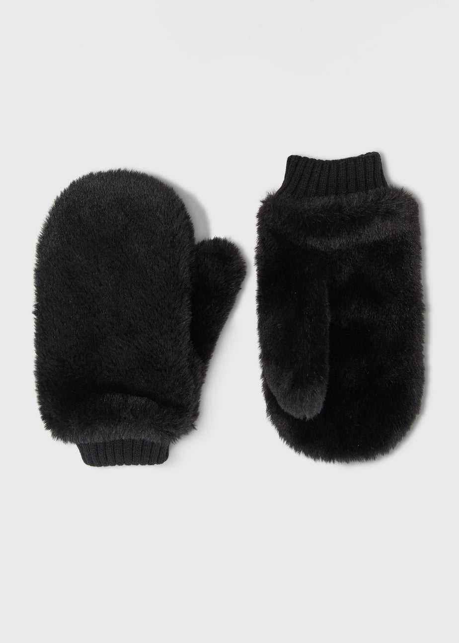 Girls Black Faux Fur Mittens (3-13yrs)