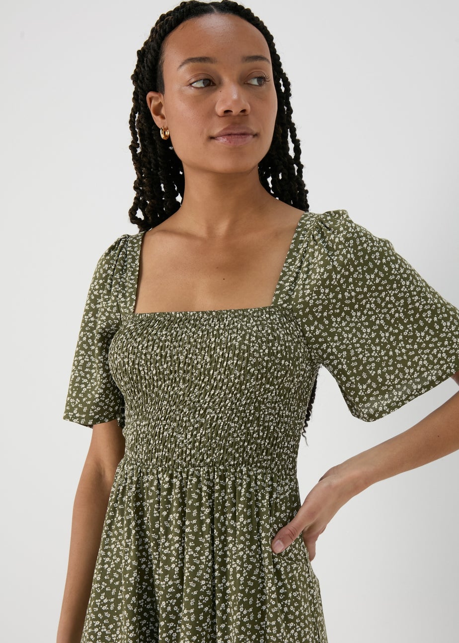 Green Shirred Bodice Mini Dress