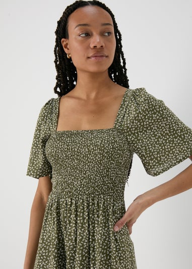Green Shirred Bodice Mini Dress