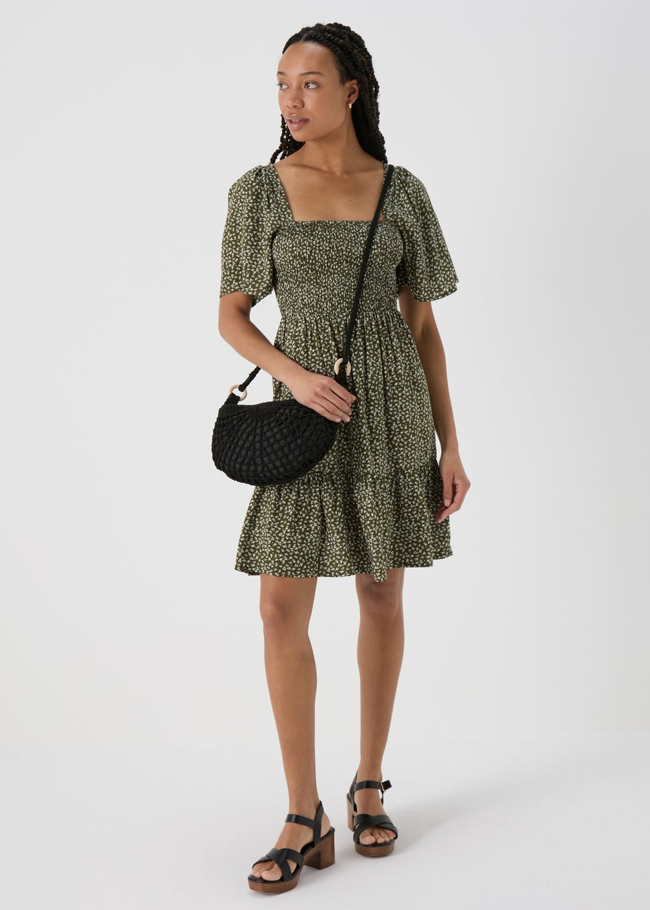 Green Shirred Bodice Mini Dress