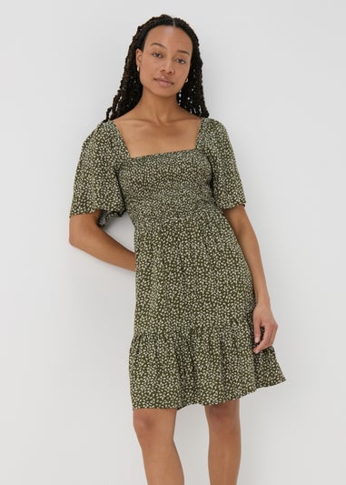 Green Shirred Bodice Mini Dress