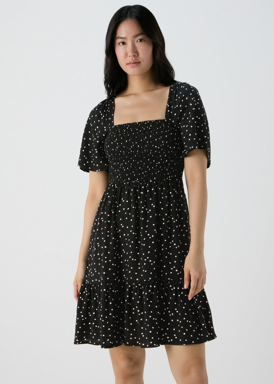 Black Spot Design Shirred Bodice Mini Dress