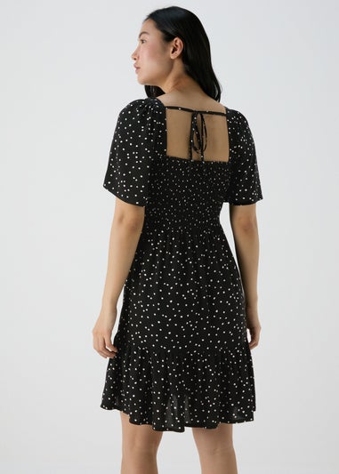 Black Spot Design Shirred Bodice Mini Dress
