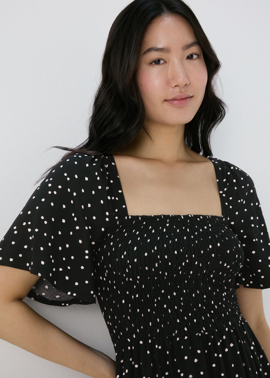 Black Spot Design Shirred Bodice Mini Dress