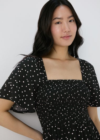Black Spot Design Shirred Bodice Mini Dress