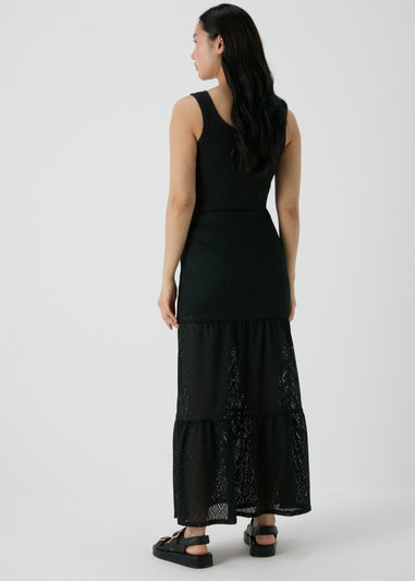 Black Smocked Patterned Maxi Skirt