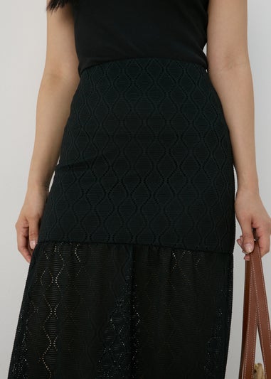 Black Smocked Patterned Maxi Skirt