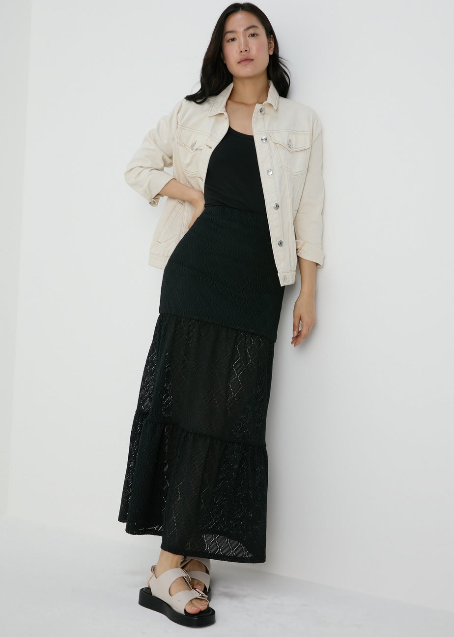 Black Smocked Patterned Maxi Skirt