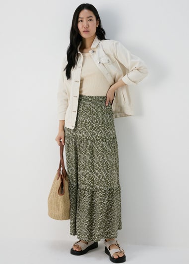 Green Printed Tiered Maxi Skirt