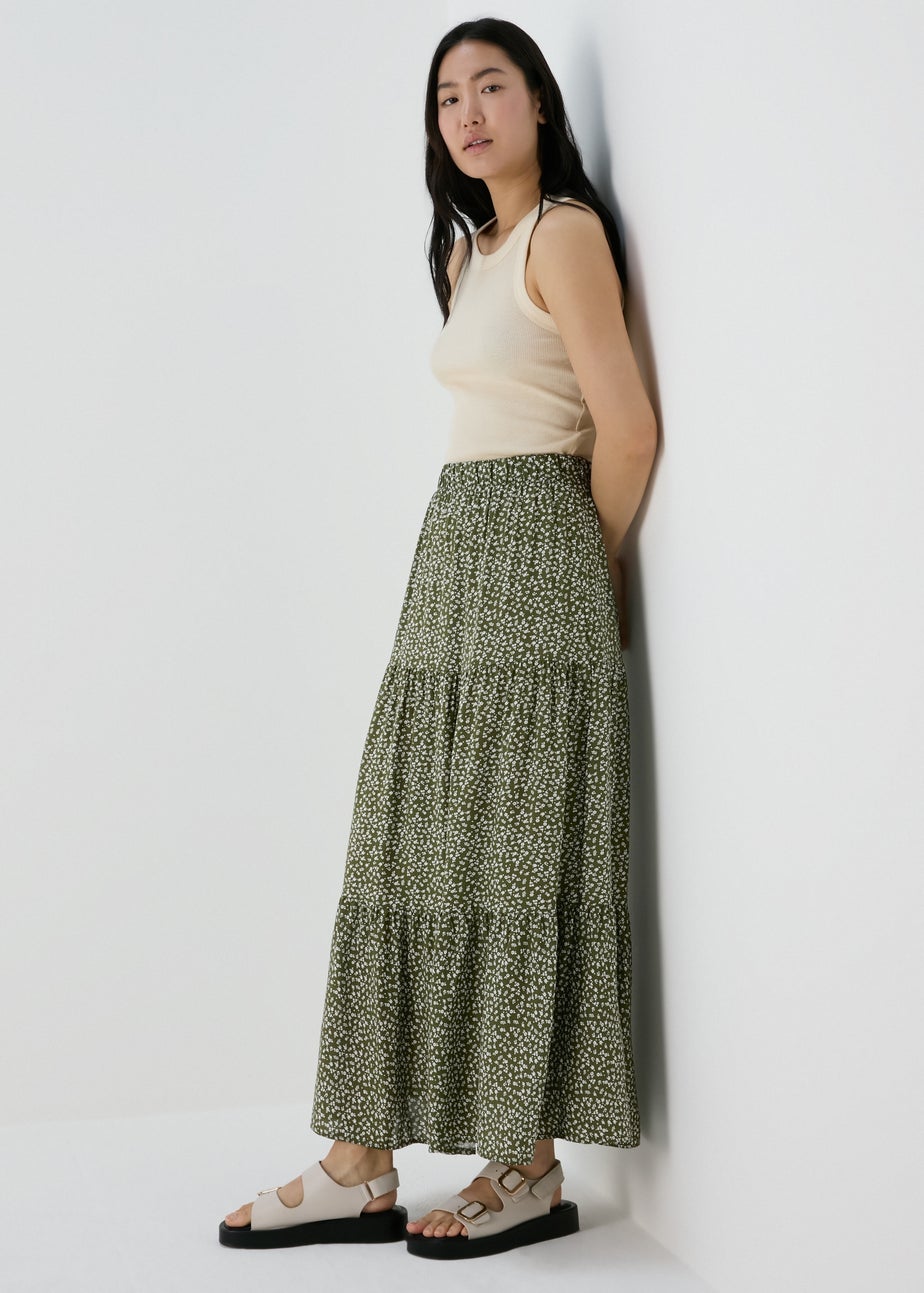 Green Printed Tiered Maxi Skirt