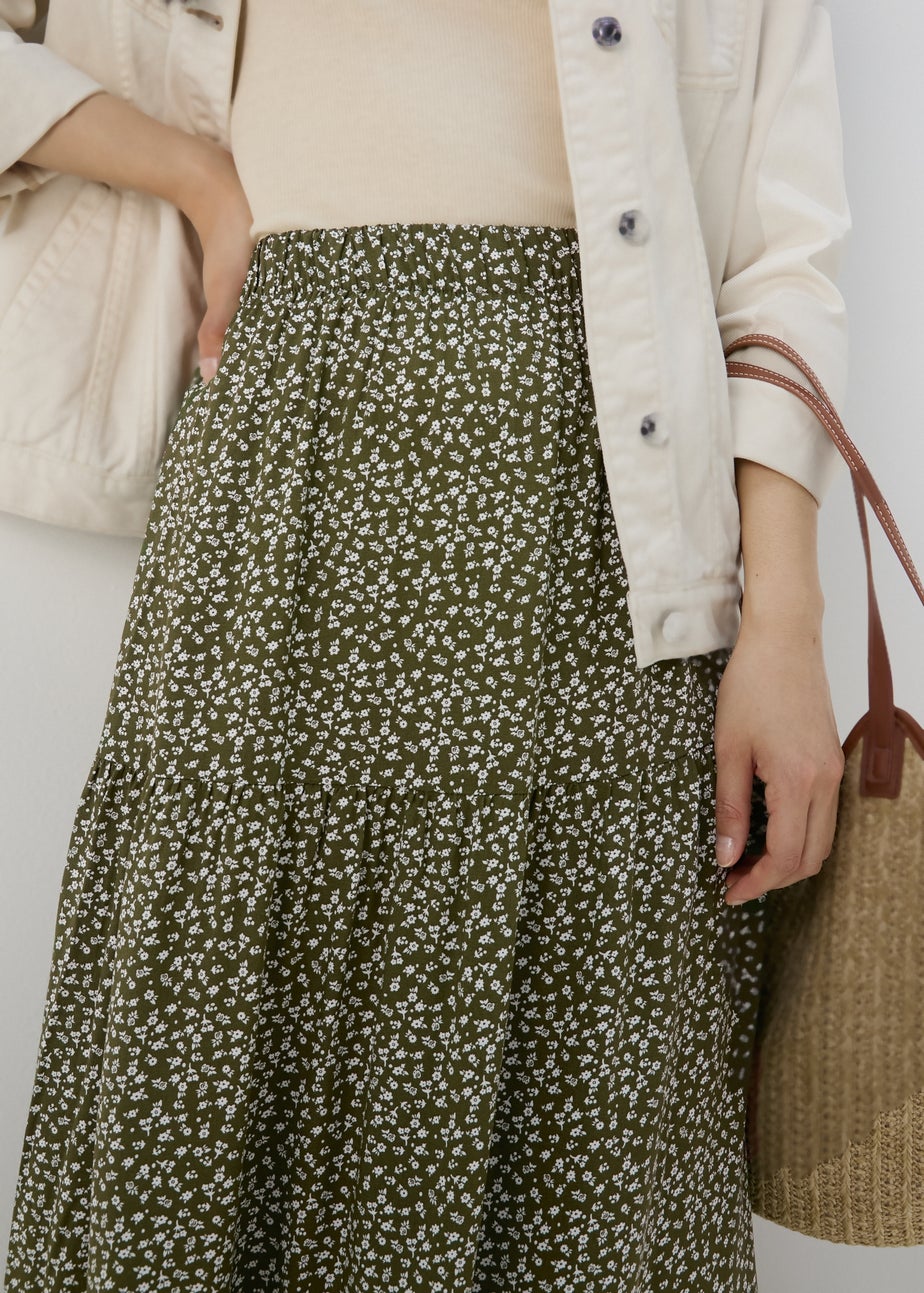 Green Printed Tiered Maxi Skirt