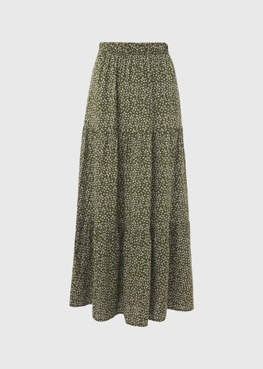 Green Printed Tiered Maxi Skirt