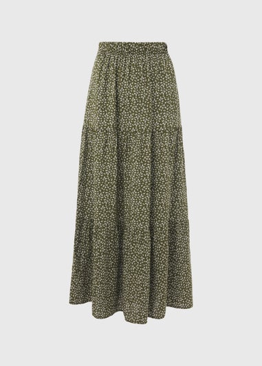 Green Printed Tiered Maxi Skirt