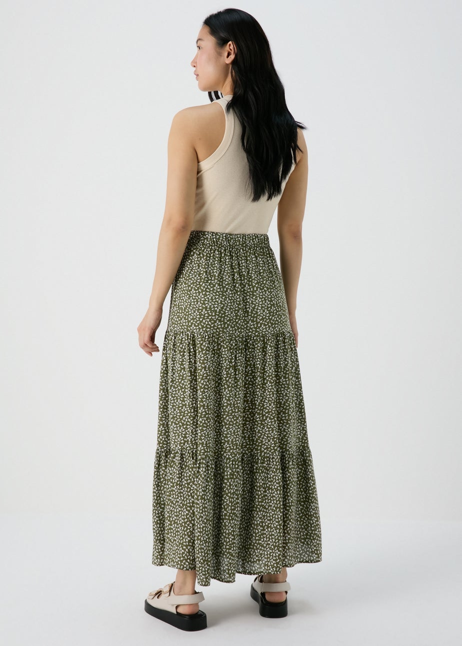 Green Printed Tiered Maxi Skirt
