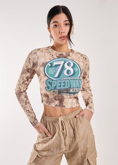 Pink Vanilla Brown Racer Washed Printed Long Sleeve Top
