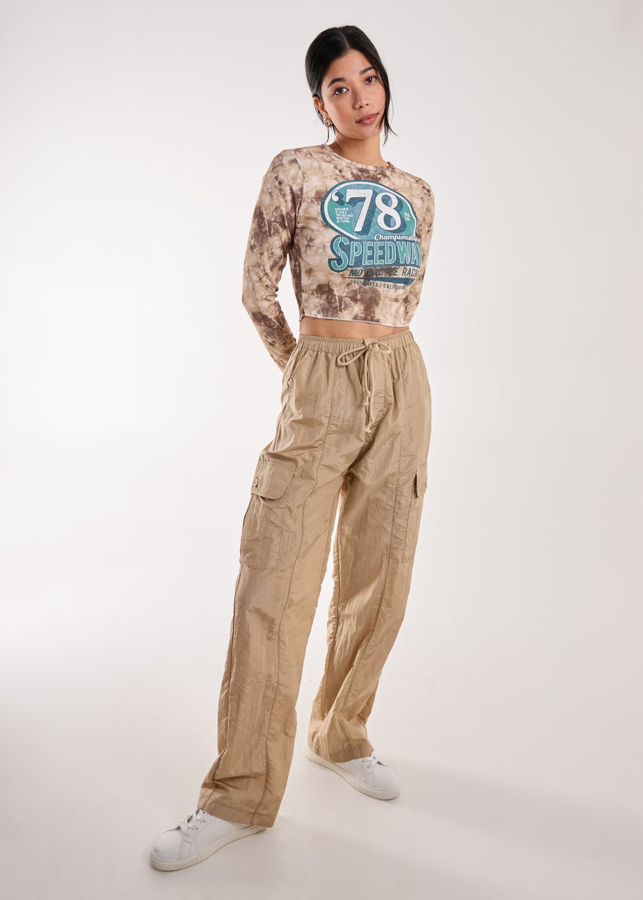 Pink Vanilla Brown Racer Washed Printed Long Sleeve Top