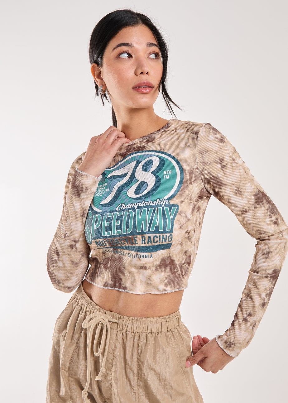 Pink Vanilla Brown Racer Washed Printed Long Sleeve Top