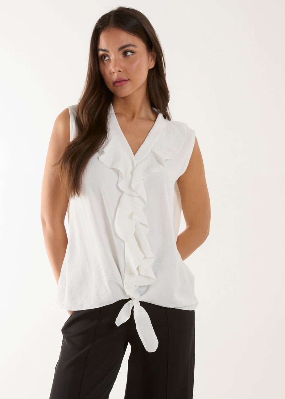 Blue Vanilla Ivory V Neck Ruffle Top with Knot