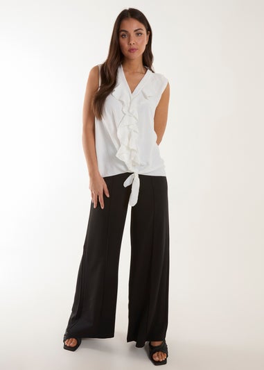 Blue Vanilla Ivory V Neck Ruffle Top with Knot