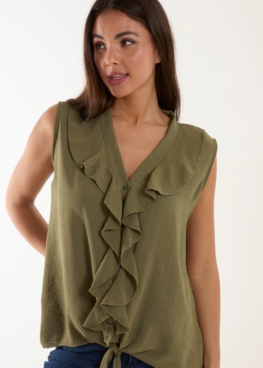 Blue Vanilla Khaki V Neck Ruffle Top with Knot