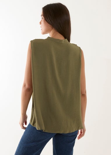 Blue Vanilla Khaki V Neck Ruffle Top with Knot