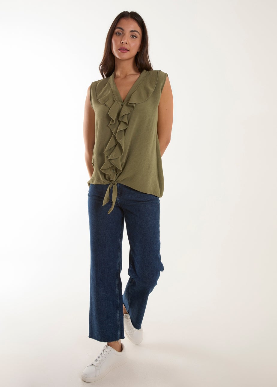 Blue Vanilla Khaki V Neck Ruffle Top with Knot