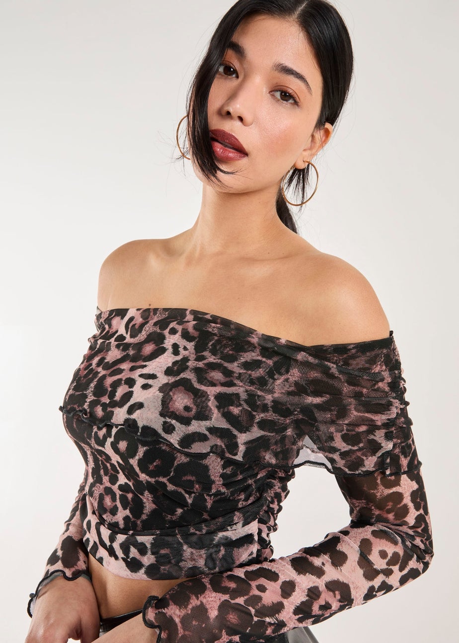 Pink Vanilla Brown Animal Print Mesh Bardot Top