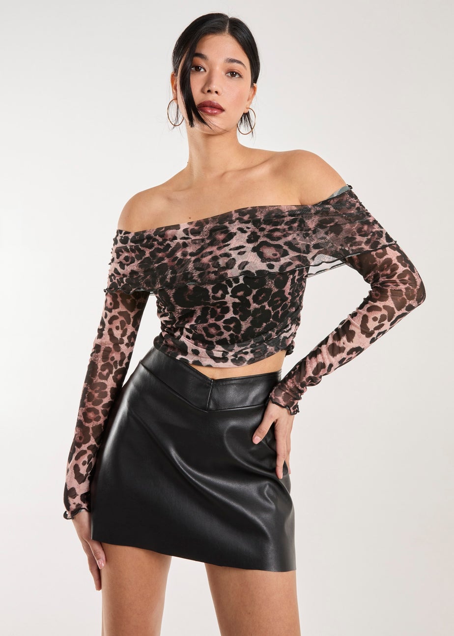 Pink Vanilla Brown Animal Print Mesh Bardot Top