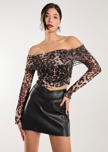 Pink Vanilla Brown Animal Print Mesh Bardot Top