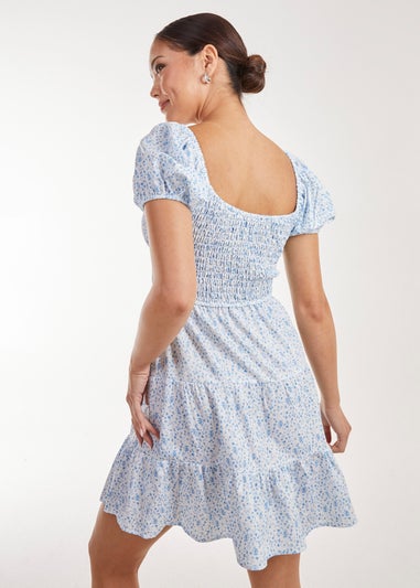 Pink Vanilla Blue Puff Sleeve Printed Mini Dress