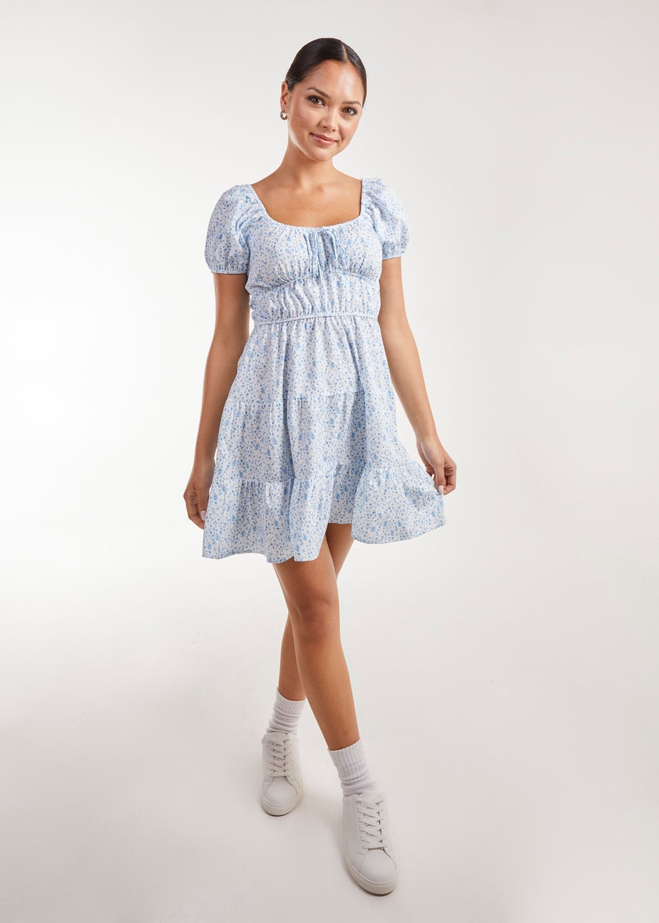 Pink Vanilla Blue Puff Sleeve Printed Mini Dress