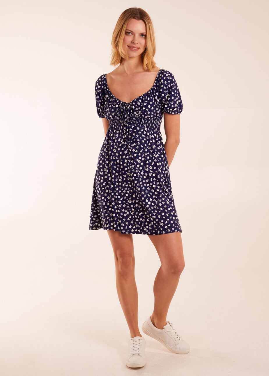 Blue Vanilla Navy Sweet Heart Neck Floral Mini Dress