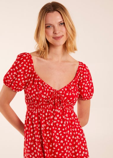 Blue Vanilla Red Sweet Heart Neck Floral Mini Dress