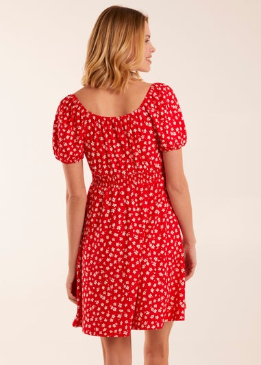 Blue Vanilla Red Sweet Heart Neck Floral Mini Dress