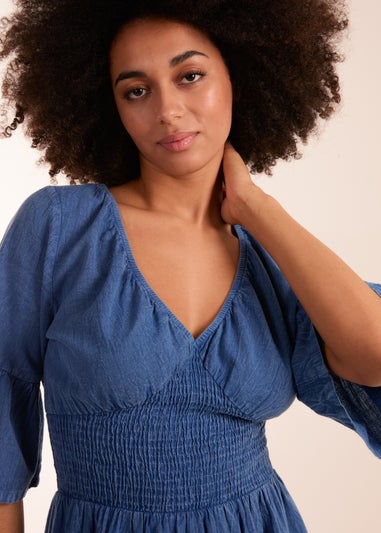 Blue Vanilla Blue V Neck Shirred Midi Dress