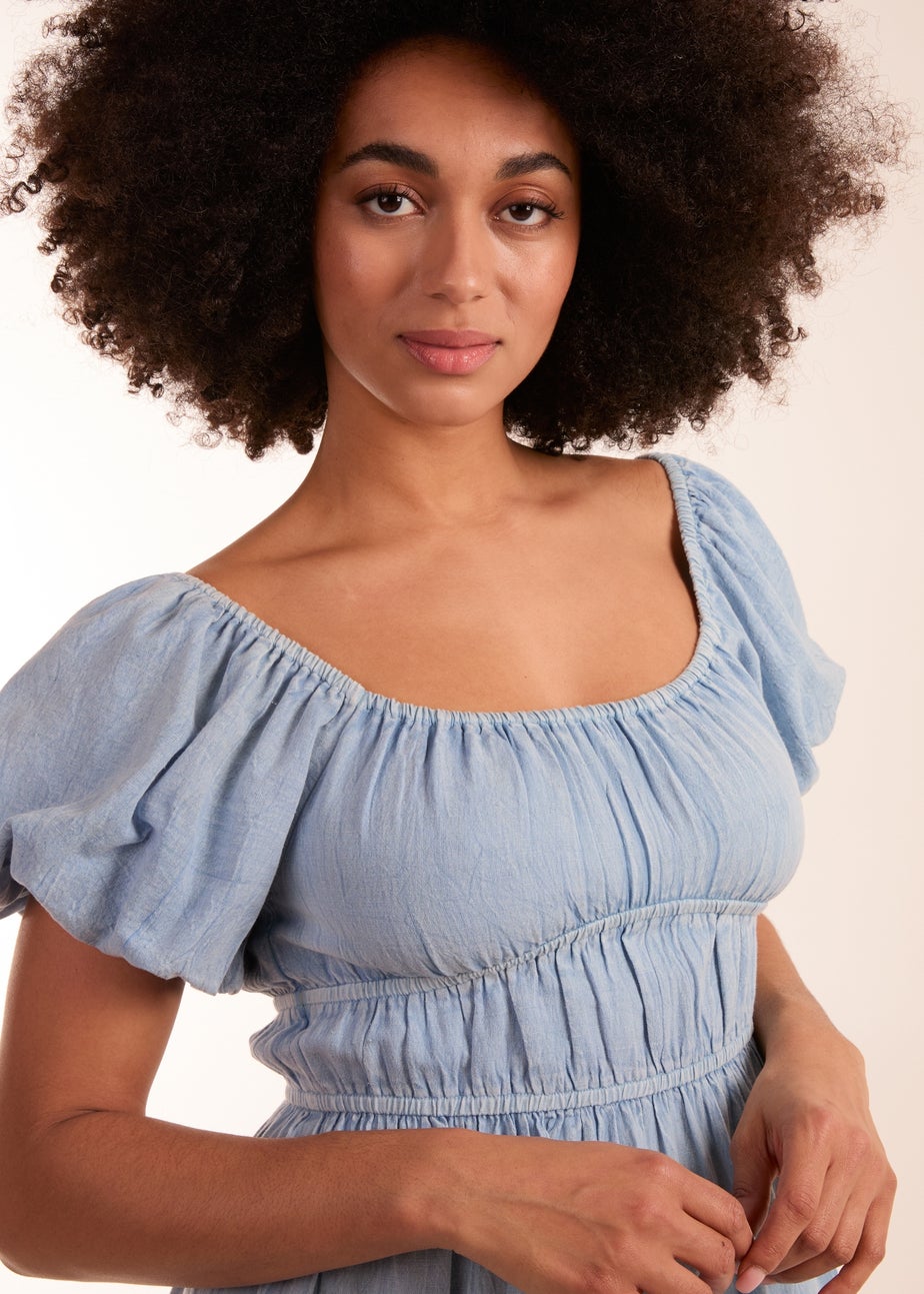 Blue Vanilla Blue Washed Puff Sleeve Midi Dress