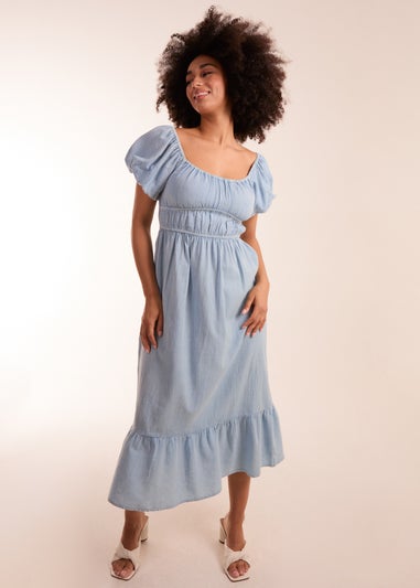 Blue Vanilla Blue Washed Puff Sleeve Midi Dress