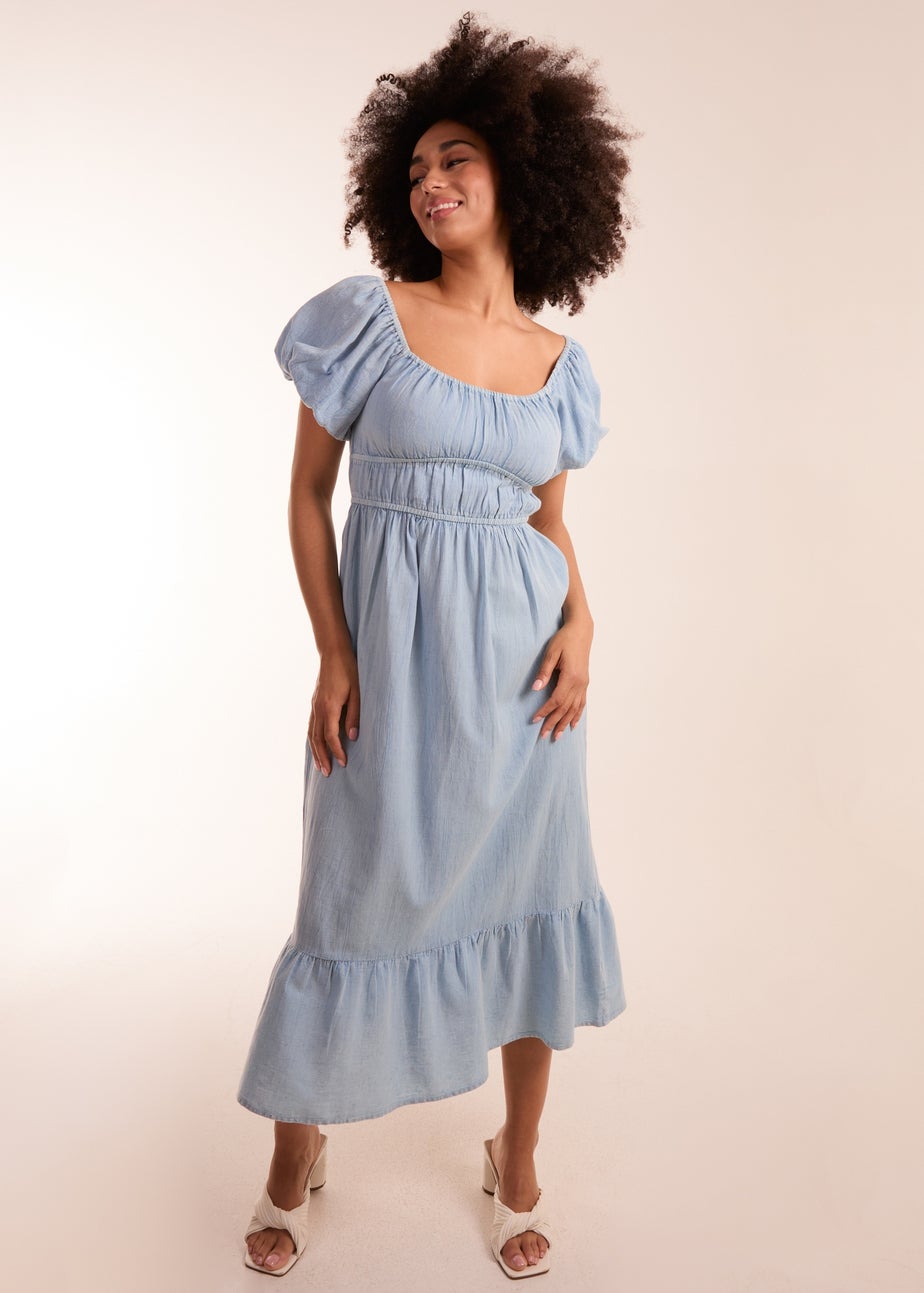 Blue Vanilla Blue Washed Puff Sleeve Midi Dress