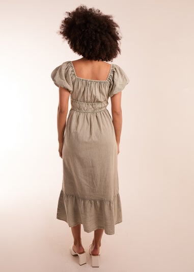 Blue Vanilla Khaki Washed Puff Sleeve Midi Dress
