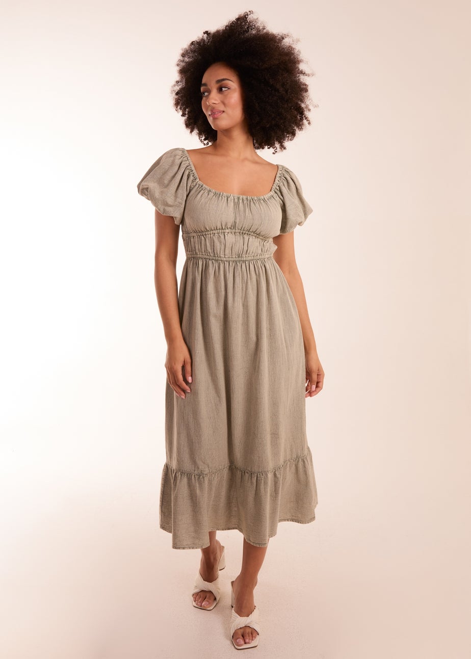 Blue Vanilla Khaki Washed Puff Sleeve Midi Dress