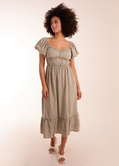 Blue Vanilla Khaki Washed Puff Sleeve Midi Dress