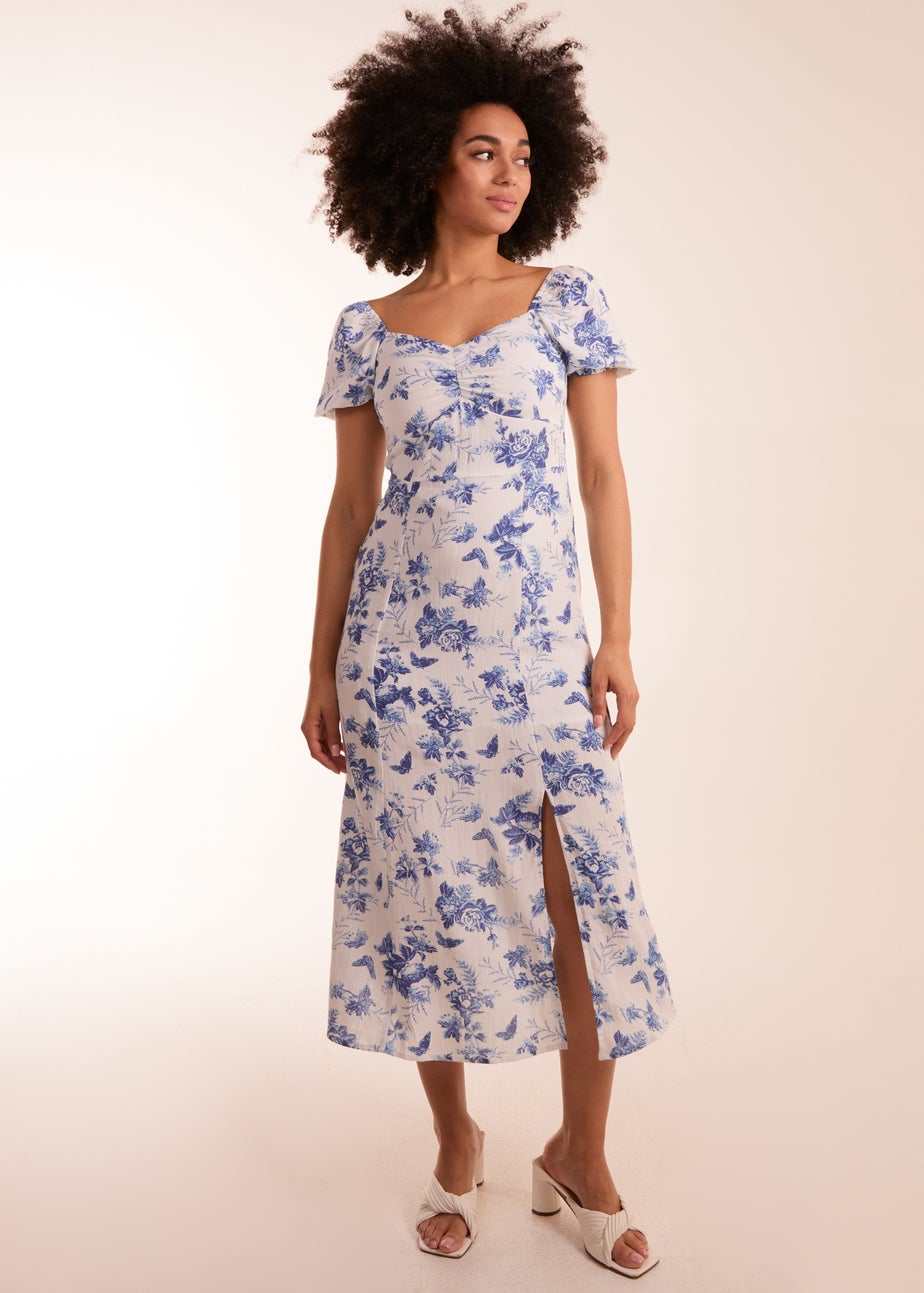 Blue Vanilla White Puff Sleeve Midi Dress With Side Split