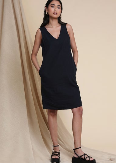 Threadbare Black Linen Blend Peggy V Neck Shift Dress