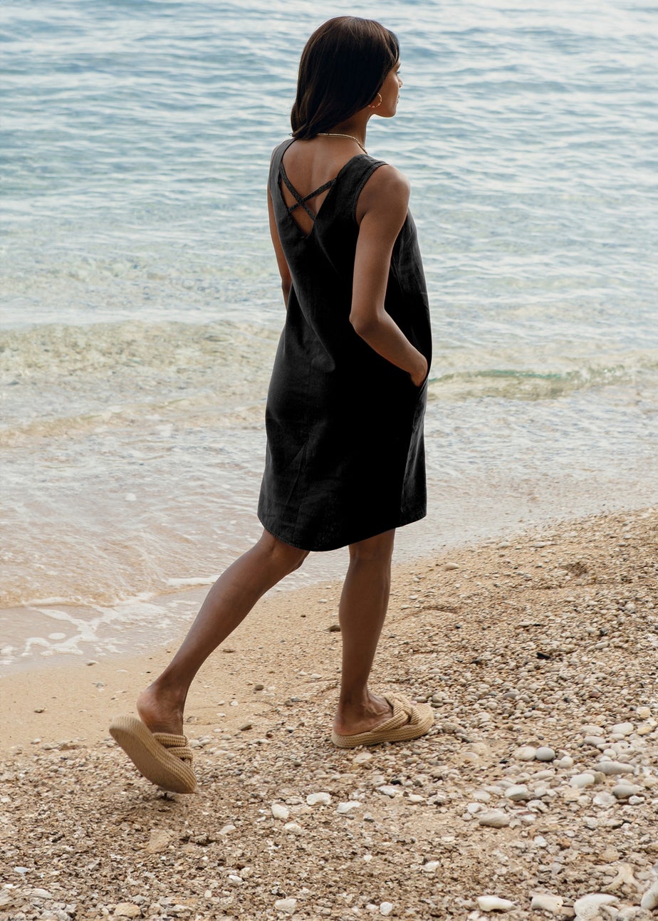 Threadbare Black Linen Blend Peggy V Neck Shift Dress