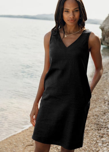 Threadbare Black Linen Blend Peggy V Neck Shift Dress