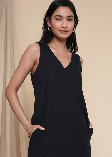 Threadbare Black Linen Blend Peggy V Neck Shift Dress
