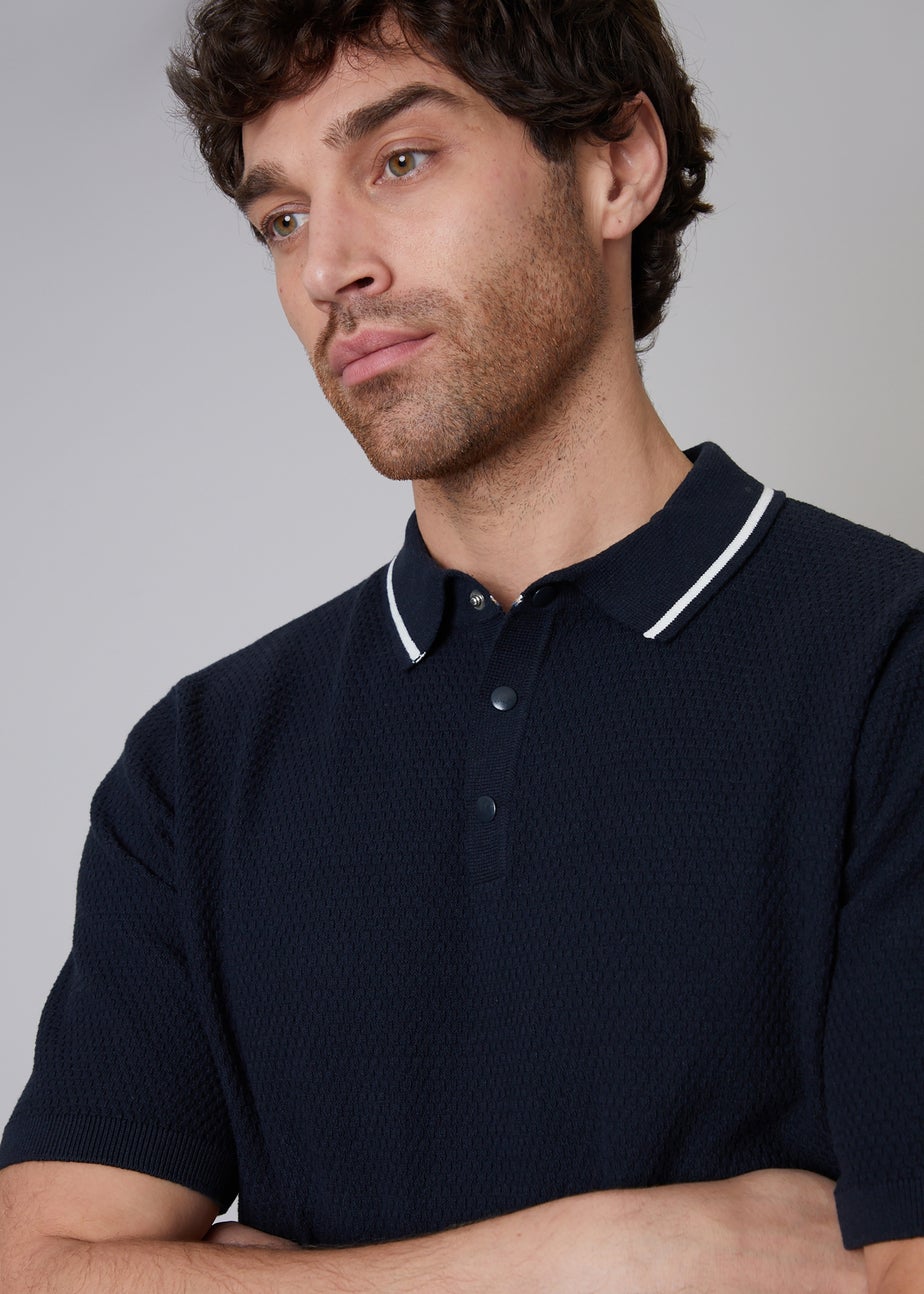 Threadbare Navy Cotton Mix Tipping Collar Short Sleeve Knitted Polo