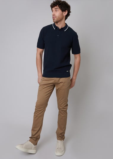 Threadbare Navy Cotton Mix Tipping Collar Short Sleeve Knitted Polo