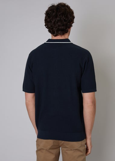Threadbare Navy Cotton Mix Tipping Collar Short Sleeve Knitted Polo
